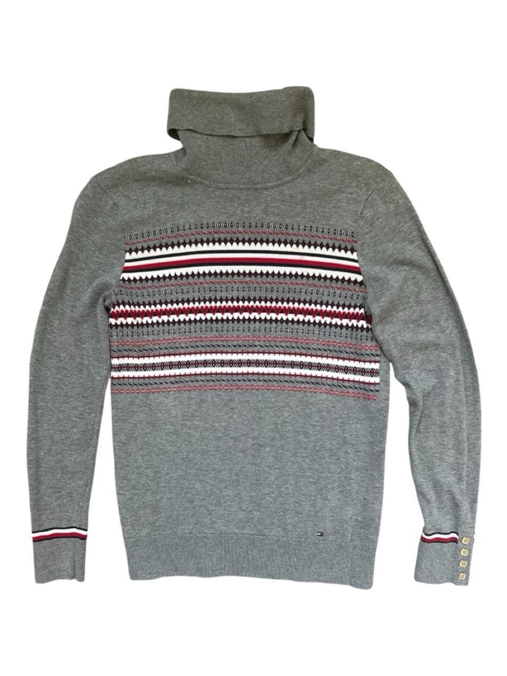 Tommy Hilfiger Gray Cotton Turtleneck Sweater with Red & White Fair Isle Detail